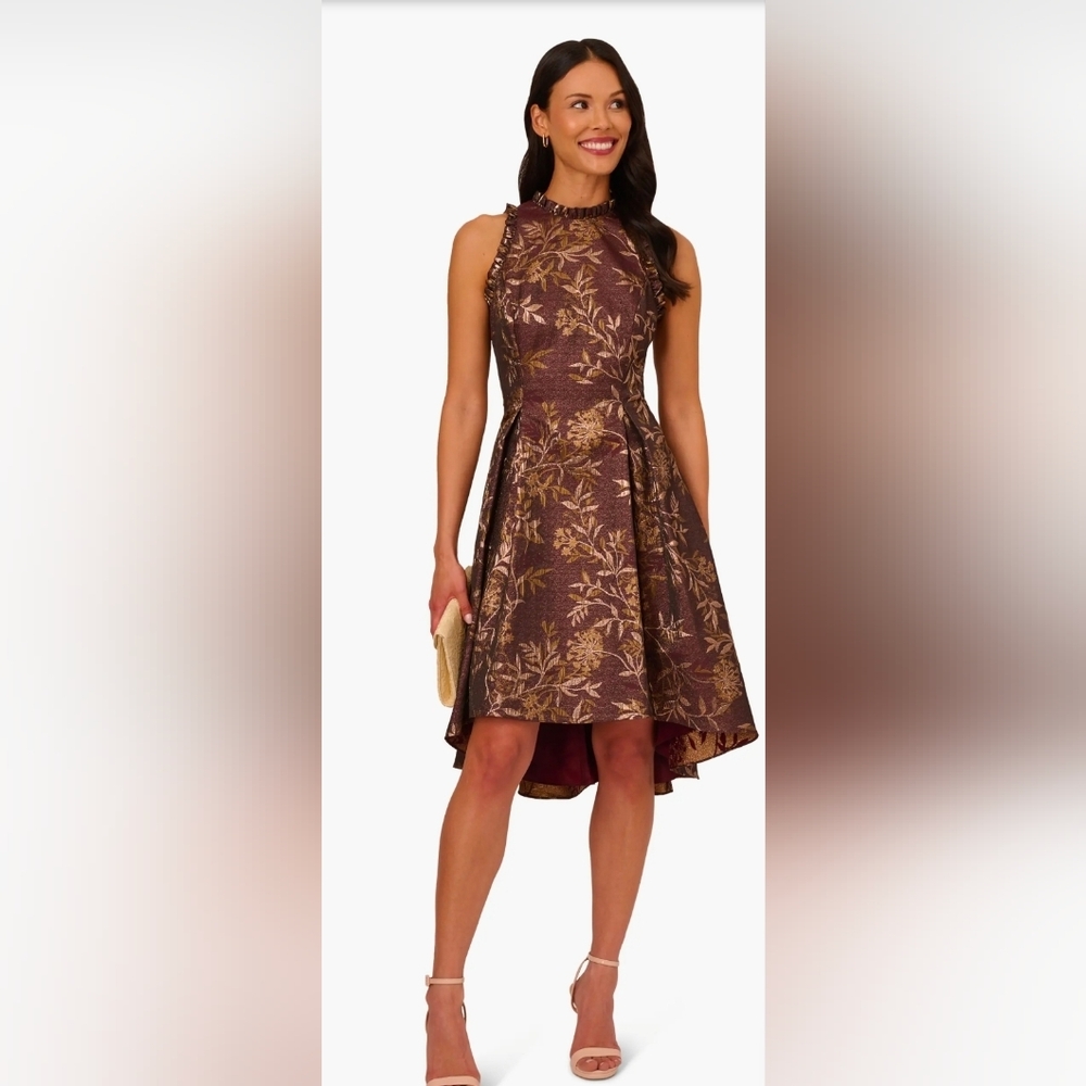 Adrianna Papell Burgundy and Gold Jacquard Dress
